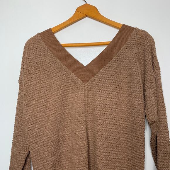 Adreamly women's brown v-neck waffle knit oversize long sleeve top Small - Picture 6 of 8